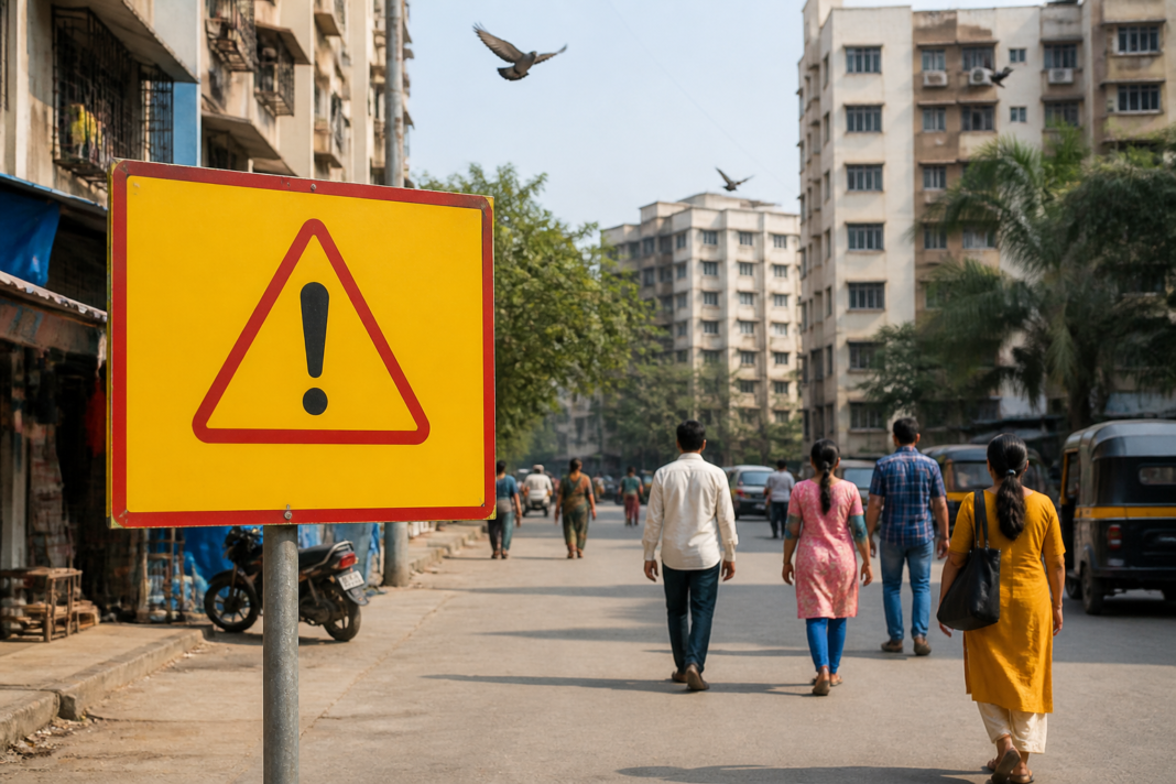 Municipal warning board in Mira Bhayandar announcing fines for open feeding of stray dogs and pigeons