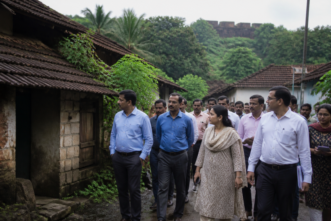 Officials inspect old village homes and surrounding settlements in Mira Bhayandar during a government-led reconstruction review