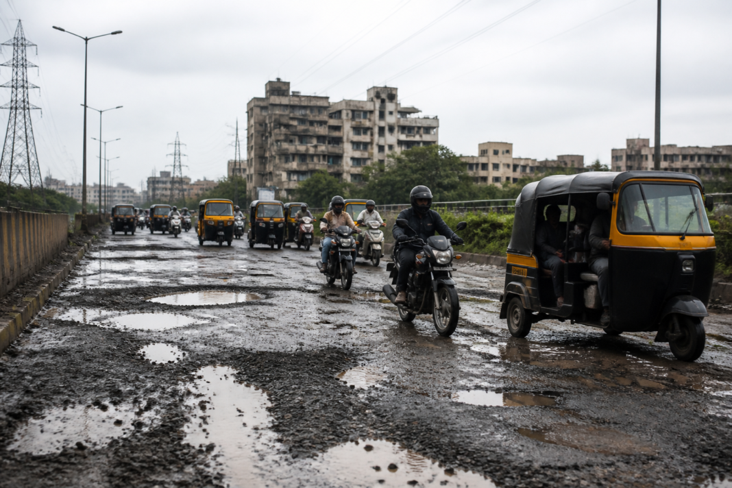 Pothole-filled road in Vasai-Virar awaiting repairs before Dahi Handi festival travel