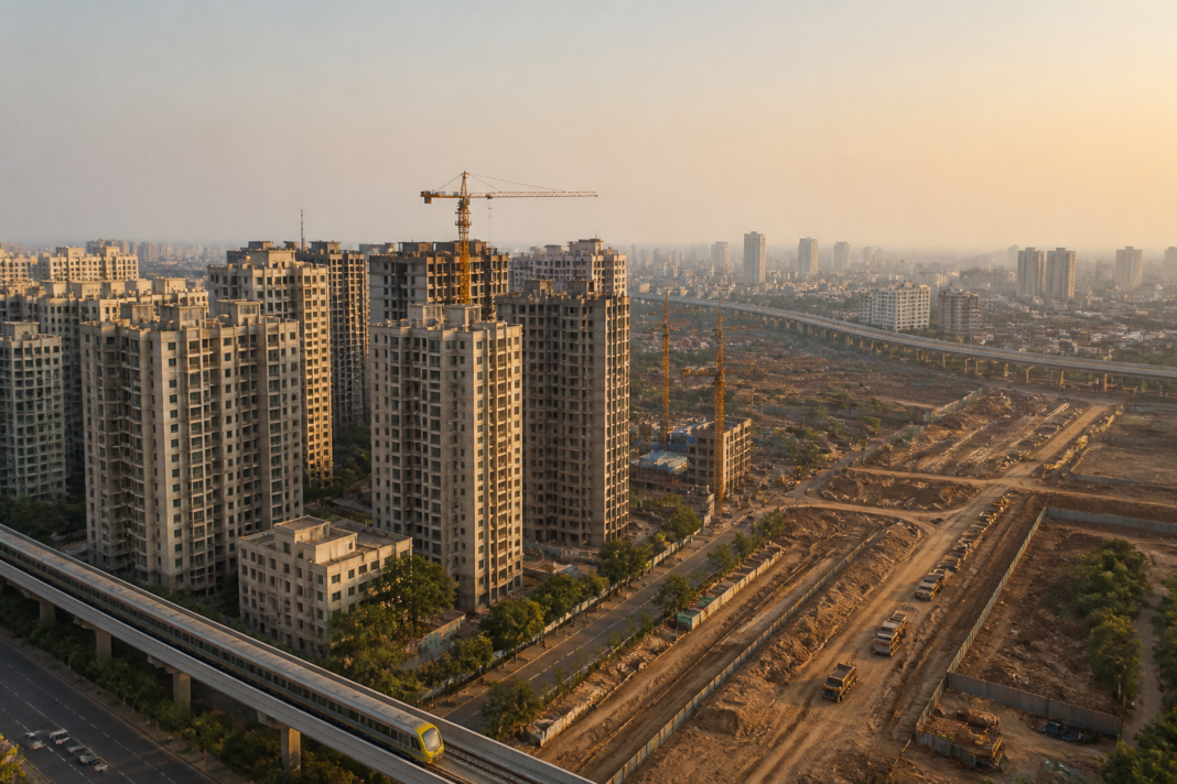 Residential high-rise buildings in an Indian city representing rising home prices in India and urban construction costs