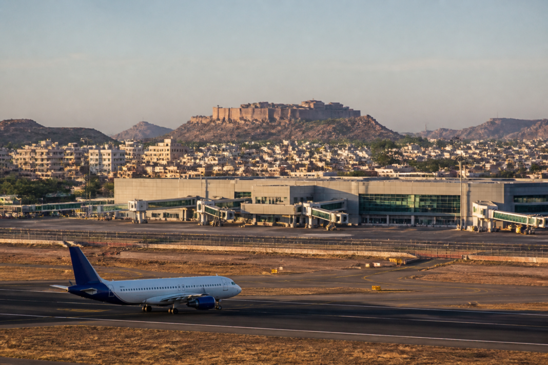 Passenger aircraft on a regional airport runway near an emerging Indian city, illustrating the plan for 100 new airports