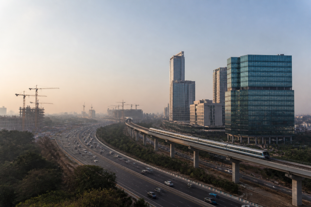 India sovereign rating upgrade represented by a modern Indian financial district with urban infrastructure and transport networks