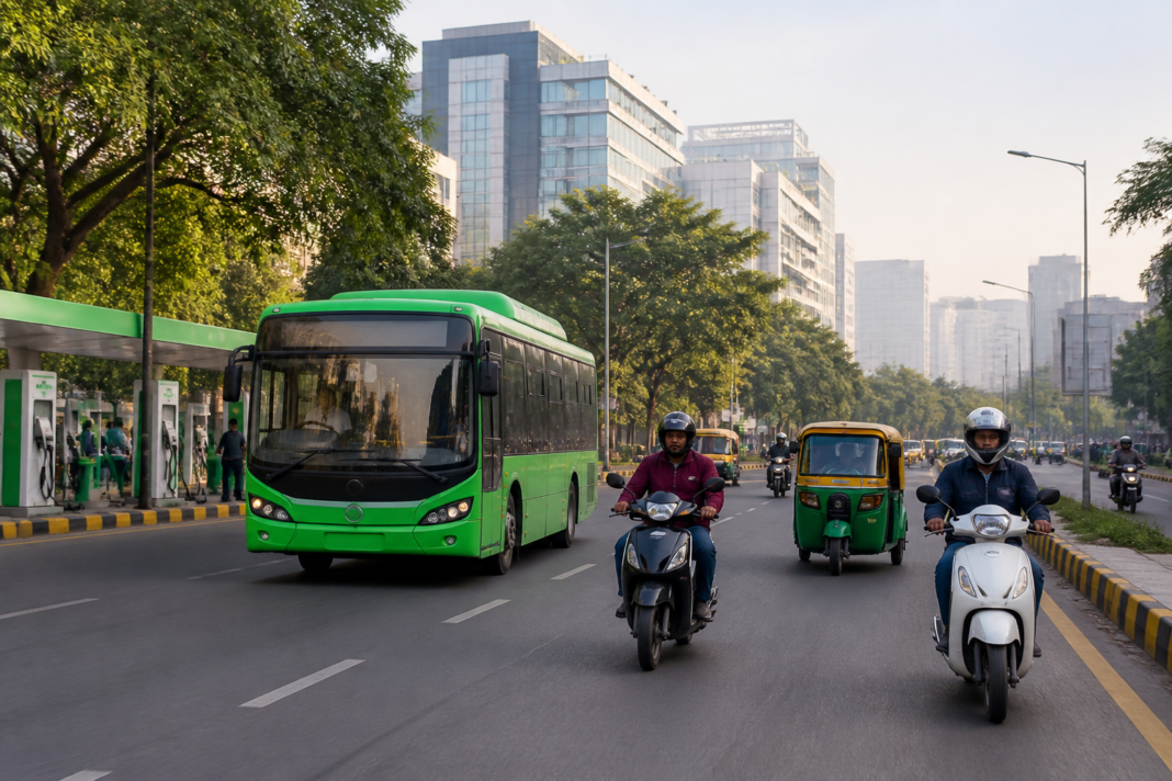 Electric buses, cars and two-wheelers moving through an Indian city, illustrating the India EV transition and its transport infrastructure