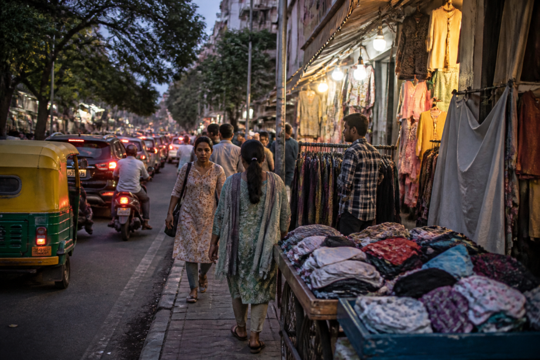 Pedestrians navigating an encroached footpath crowded with carts and shop displays on a busy Bengaluru shopping street