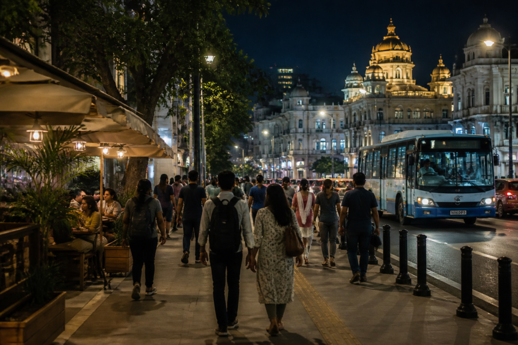 Night-time commercial street in Bengaluru with cafés, restaurants, pedestrians and urban transport activity