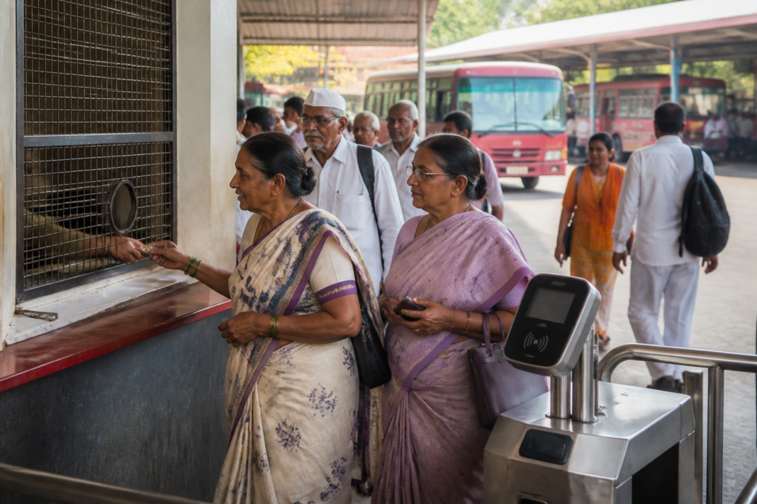 Passengers at a Palghar MSRTC bus depot using NCMC cards for concessionary travel