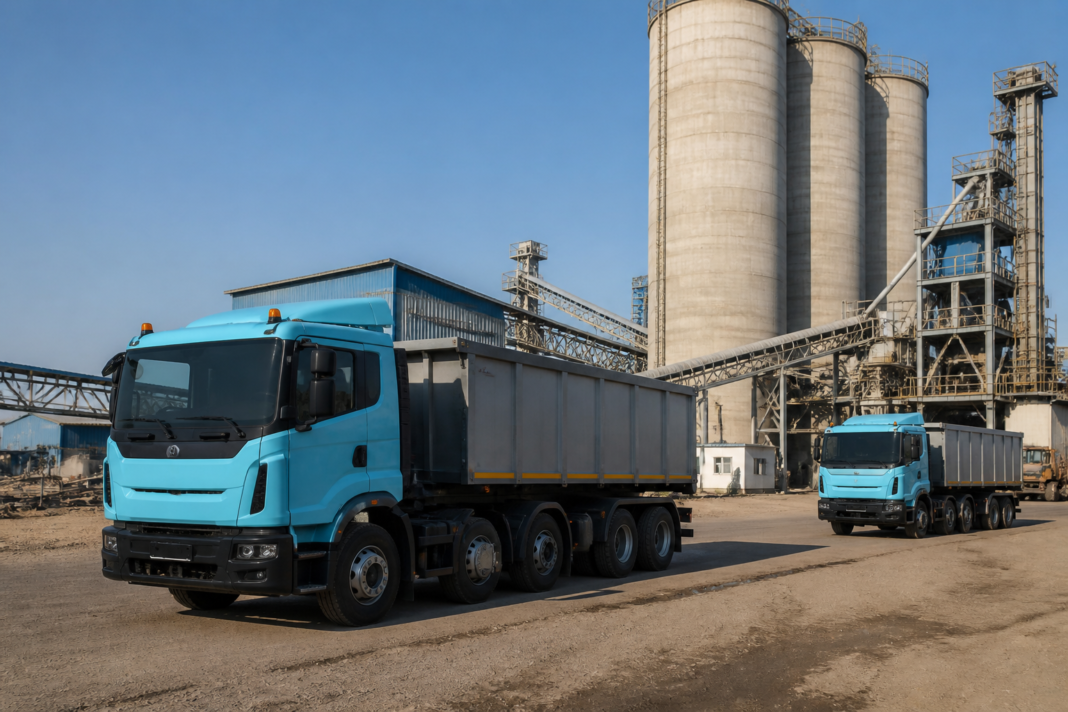 UltraTech electric trucks operating near a cement logistics facility, representing the company’s planned freight electrification programme