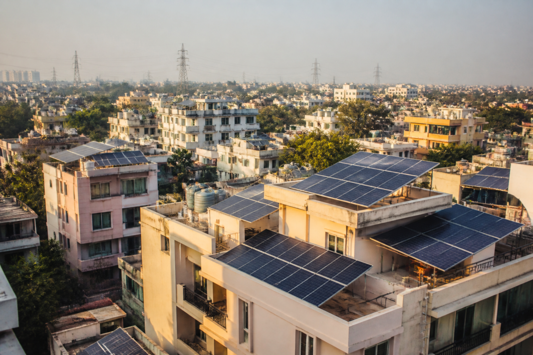 Residential rooftop solar panels installed on urban homes under the PM Surya Ghar rooftop solar scheme