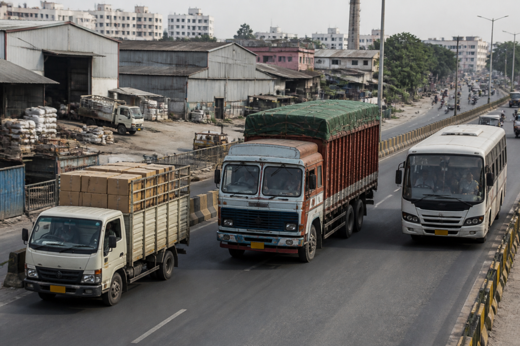 Commercial vehicle market represented by goods trucks and passenger carriers operating on an Indian urban road