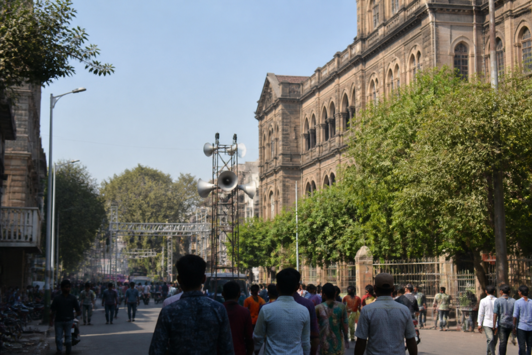 Pune street near a civic area with festival loudspeakers and residents in an urban neighbourhood