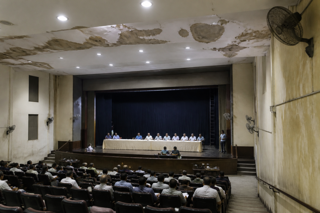 Ambernath municipal council meeting venue at the Dharmaveer Anand Dighe Theatre after leakage affected the civic headquarters