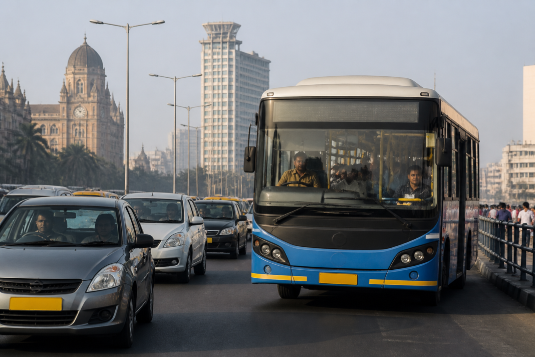 Urban bus carrying passengers through a busy city street, representing transport emissions reduction through public transit and shared mobility