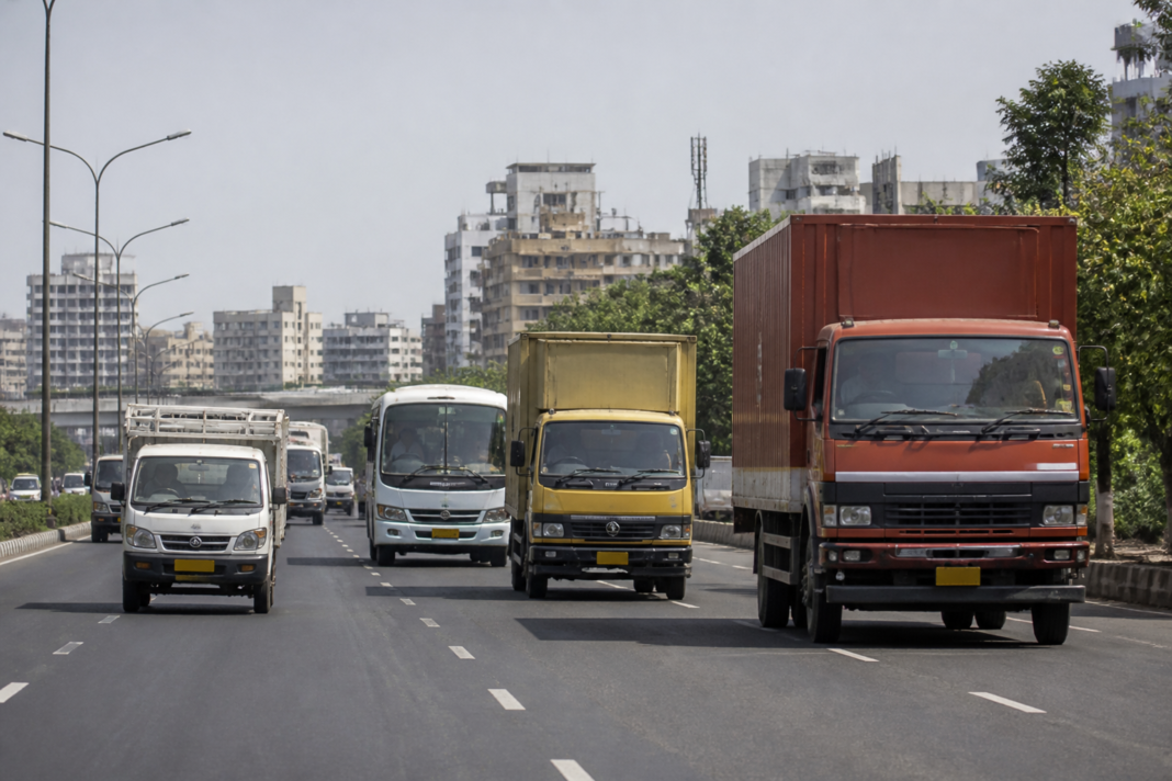 Commercial vehicle market represented by trucks and passenger carriers on an Indian urban road
