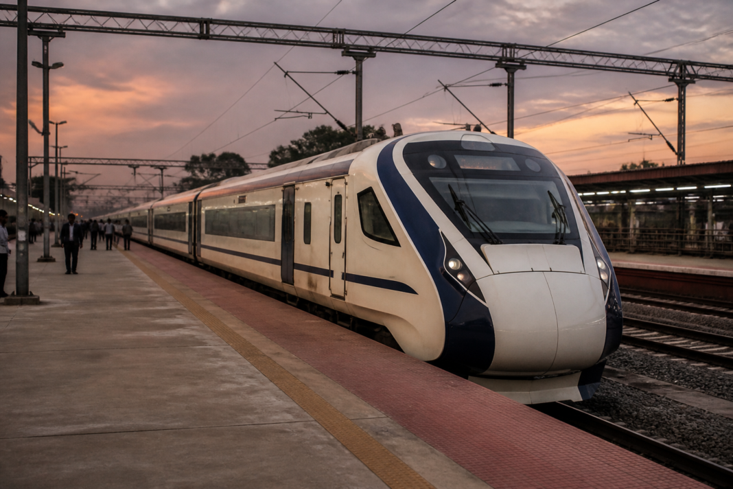 Vande Bharat sleeper train at an Indian railway platform, illustrating India’s planned expansion of overnight semi-high-speed rail services