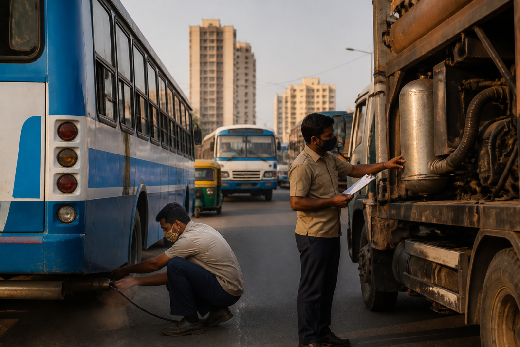 Older diesel city buses and trucks on an Indian urban road, illustrating retrofit emission-control devices for reducing vehicle pollution