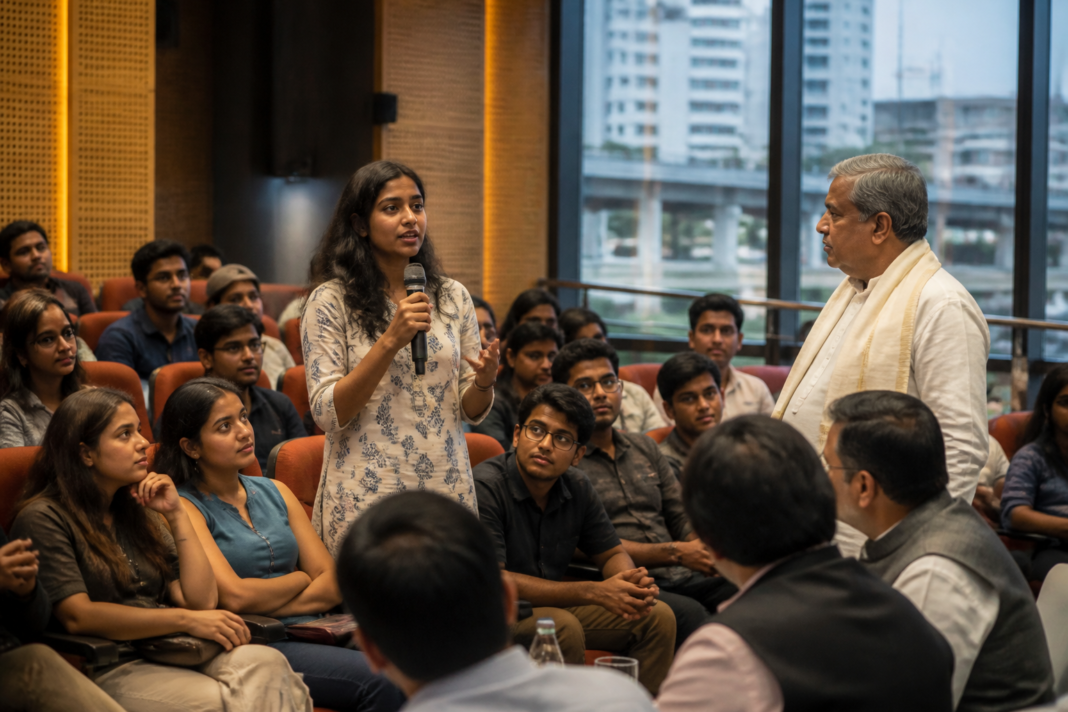 Young participants and political leaders at a Bengaluru youth dialogue on civic participation and urban issues