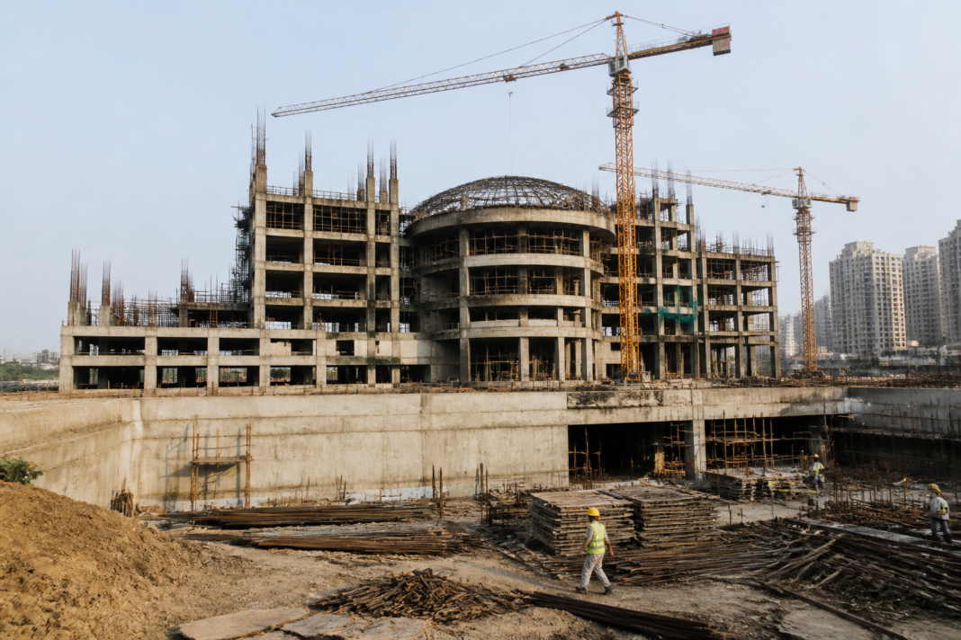 Construction site of the Panvel municipal headquarters project near New Panvel, representing delays and rising public project costs