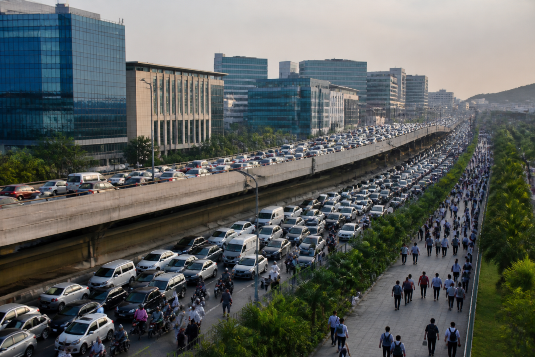 Traffic and urban infrastructure around Hinjewadi IT Park in Pune, the site of a planned employee and resident protest