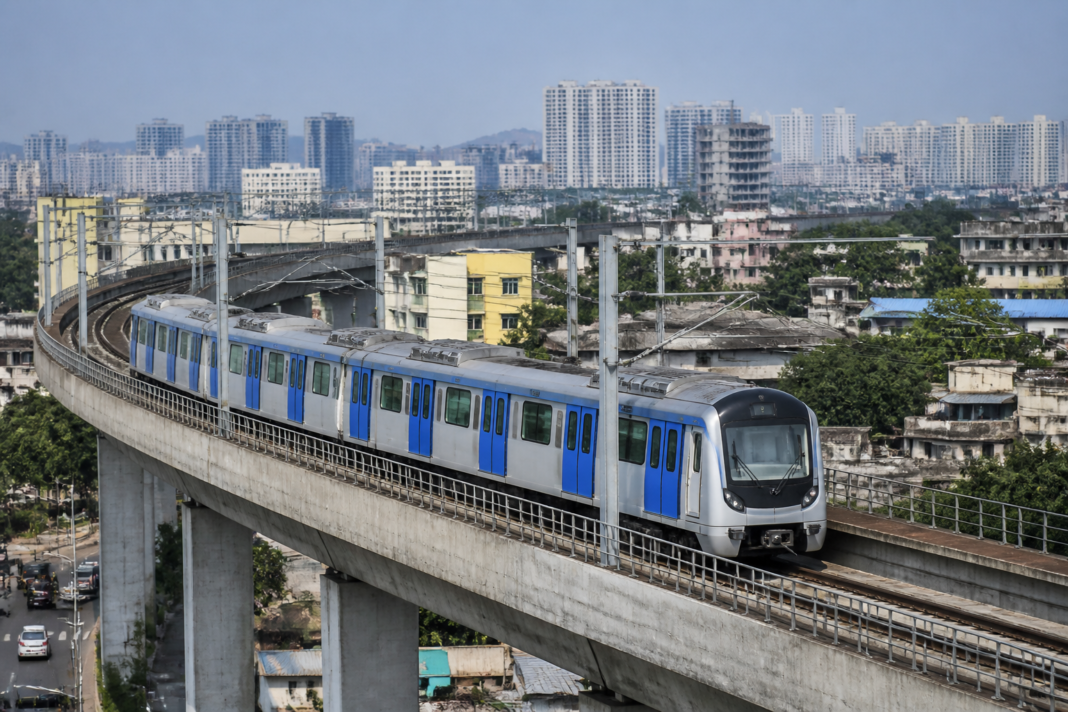 Six-coach Thane Metro Line 4 train during a trial run between Gaimukh and Kapurbawdi