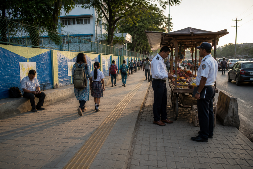 Navi Mumbai Municipal Corporation enforcement area near a school, illustrating the paan shop ban within 50 metres of educational institutions
