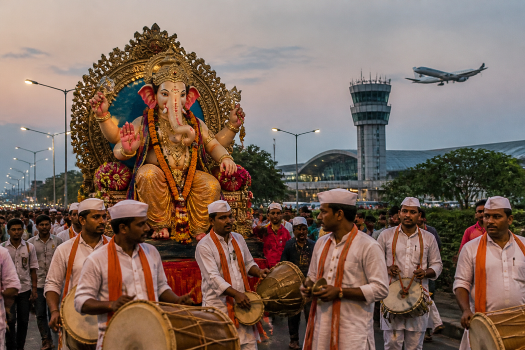 Ganeshotsav procession route in Panvel near Navi Mumbai International Airport, illustrating the new Panvel Ganeshotsav rules on DJs and laser lights