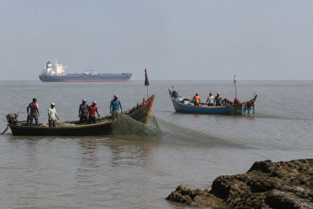 Fishing boats and nets near the Arnala coast in Vasai-Virar, where fishermen reported damage caused by a passing cargo ship