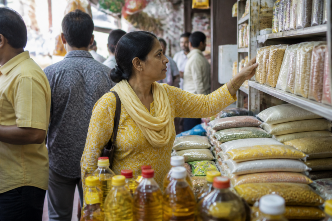 A shopper compares prices of essential food commodities at a retail market in Vasai-Virar amid rising household costs
