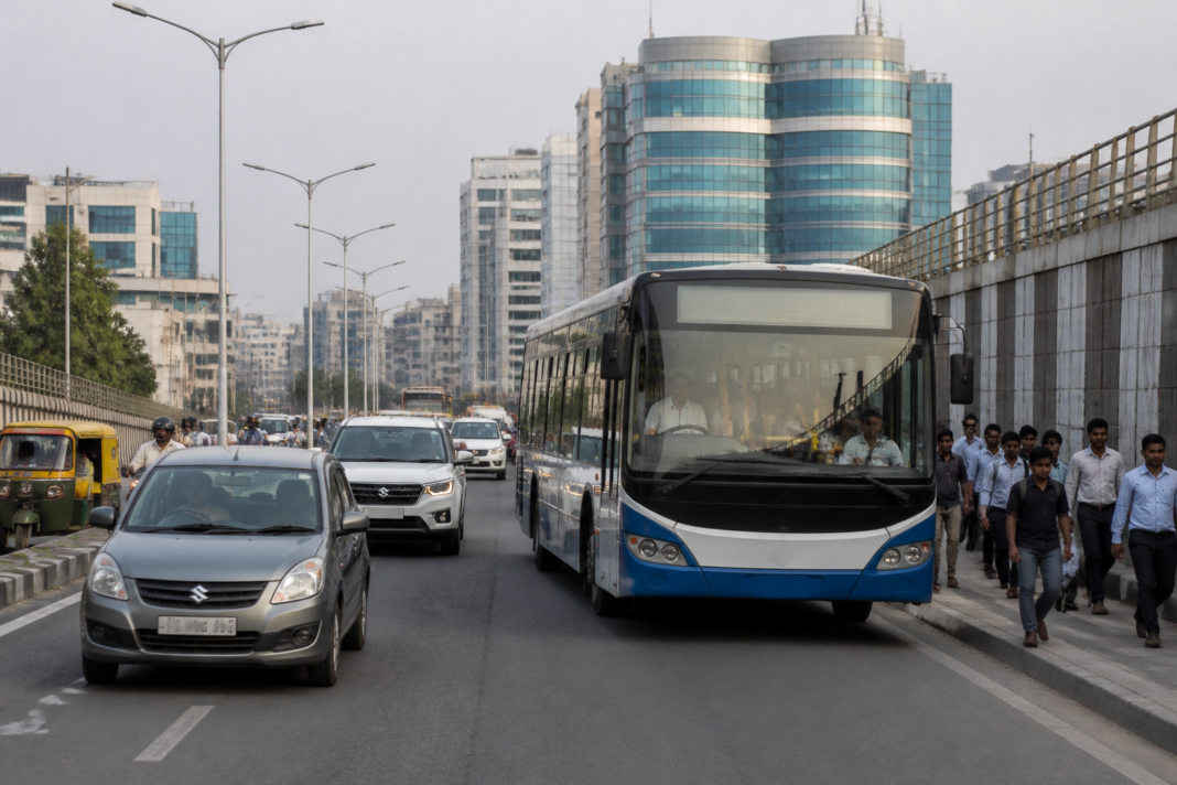 Urban bus and shared cars moving through a busy city corridor, illustrating transport emissions and lower-carbon mobility