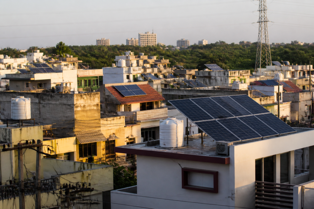 Residential rooftop solar panels on urban homes, illustrating the PM Surya Ghar rooftop solar programme in India
