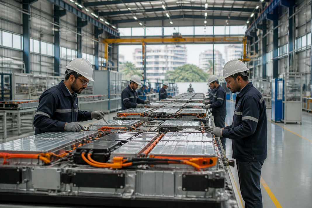 Battery energy storage system manufacturing facility in Pune representing SPML Infra’s BESS manufacturing plans