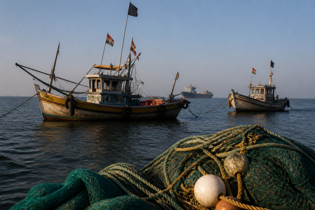Fishing boats and nets off the Arnala coast near Vasai-Virar