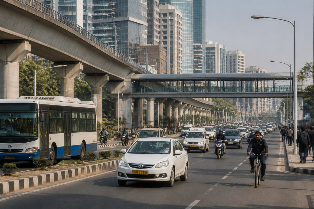 Urban buses and shared cars moving through a dense city street, illustrating efforts to reduce G20 transport emissions