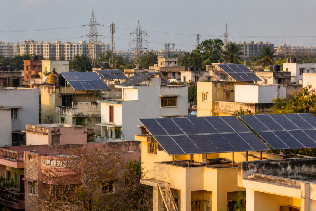 Residential rooftop solar panels installed on urban homes under the PM Surya Ghar rooftop solar programme