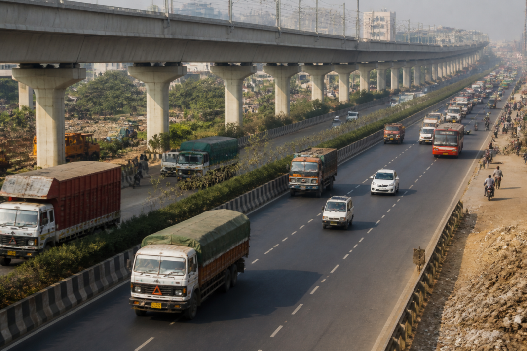 Commercial vehicle market represented by heavy goods trucks moving through an Indian urban freight corridor