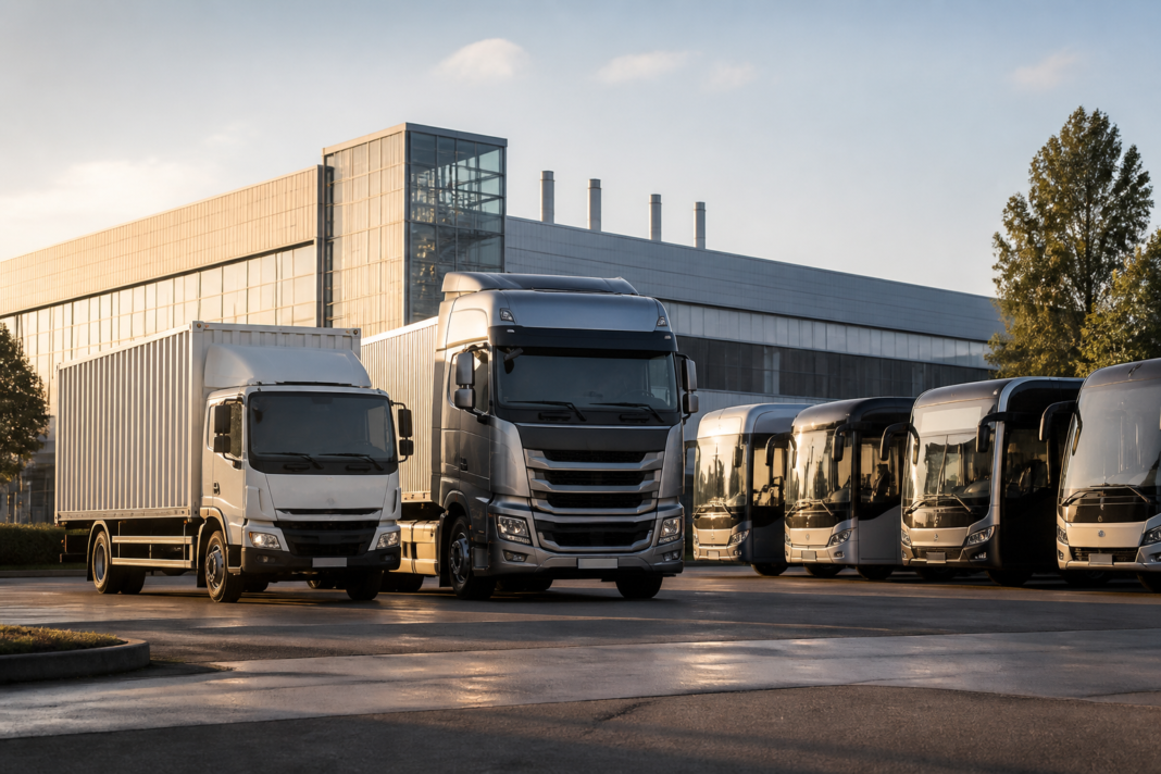 Tata Motors and Iveco commercial vehicles represented in an industrial European manufacturing setting