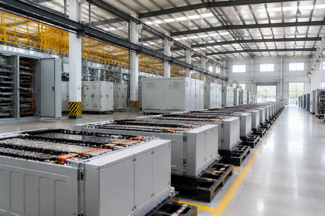 Battery energy storage system manufacturing facility in Pune with industrial battery modules and electrical infrastructure