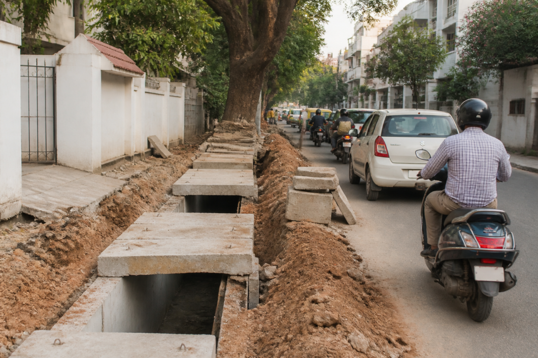 Roadside drain construction and concrete covers along a busy Cooke Town street in Bengaluru