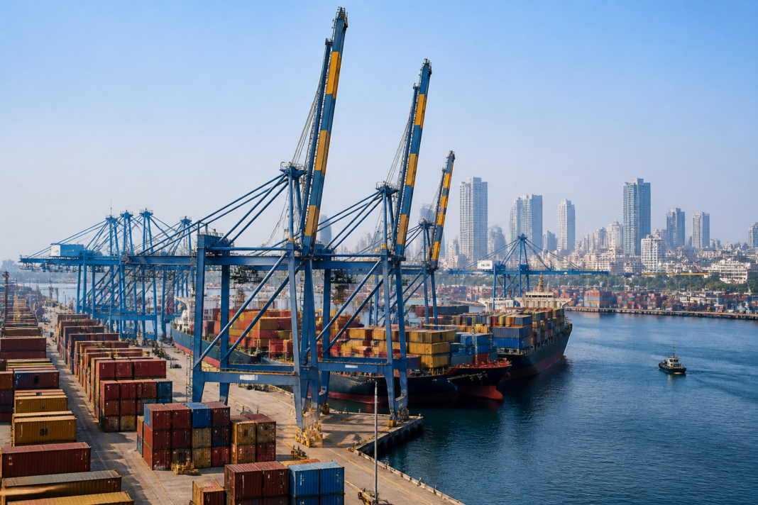 Mumbai port and urban infrastructure viewed from the waterfront, illustrating Maharashtra Belgium investment and logistics cooperation
