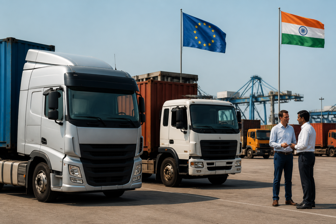Commercial trucks representing the Tata Motors Iveco deal at an industrial logistics facility