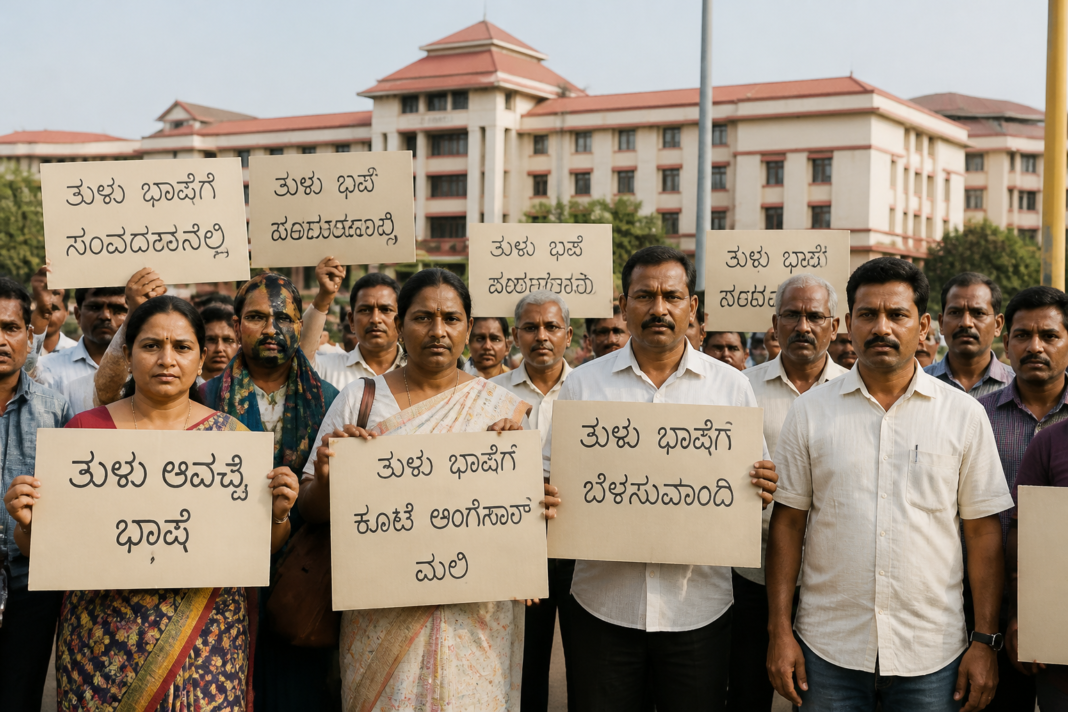 Tulu language supporters at a public gathering in coastal Karnataka demanding official language status
