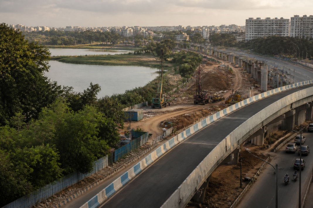 Bengaluru tunnel road project site near the city's lake and urban infrastructure corridor