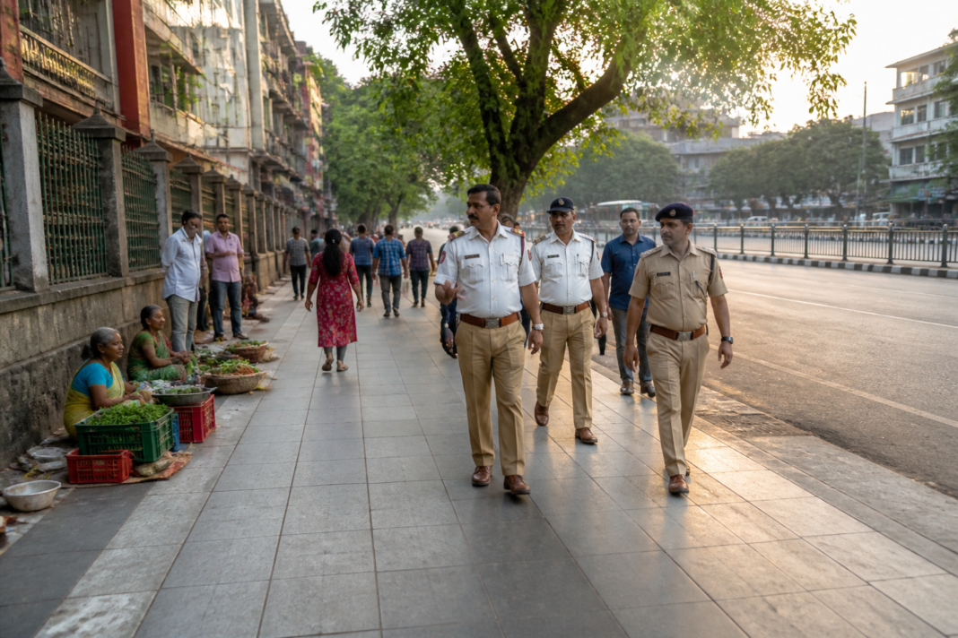 Cleared Bengaluru footpath beside a busy urban road, illustrating the city’s action against footpath encroachment