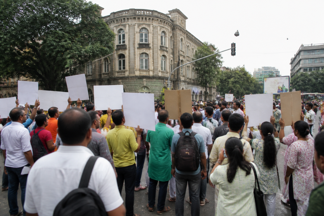 Pune citizens gathering for a noise pollution rally near Balgandharva Chowk in support of activist Vidyanand Bapat