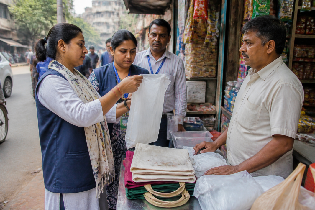 Mumbai shopfronts and civic workers inspecting plastic bags under the city’s plastic ban enforcement drive