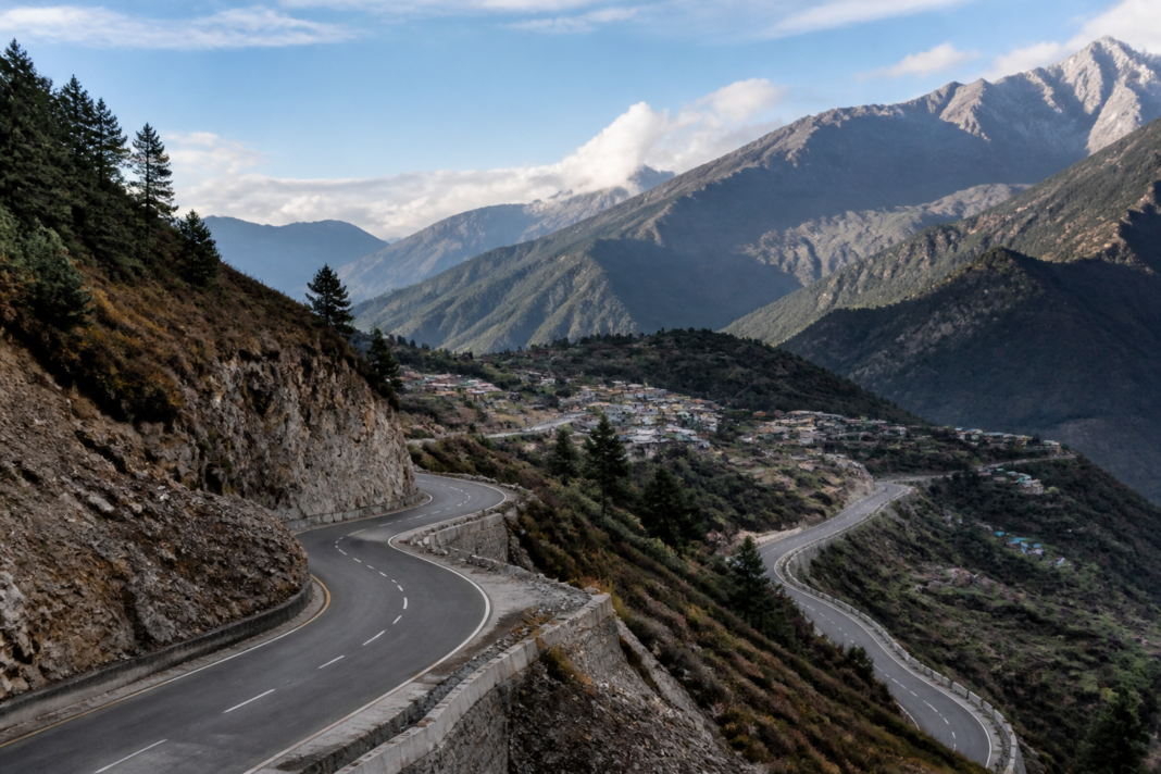 Road infrastructure winding through mountainous terrain in Arunachal Pradesh near India's China border