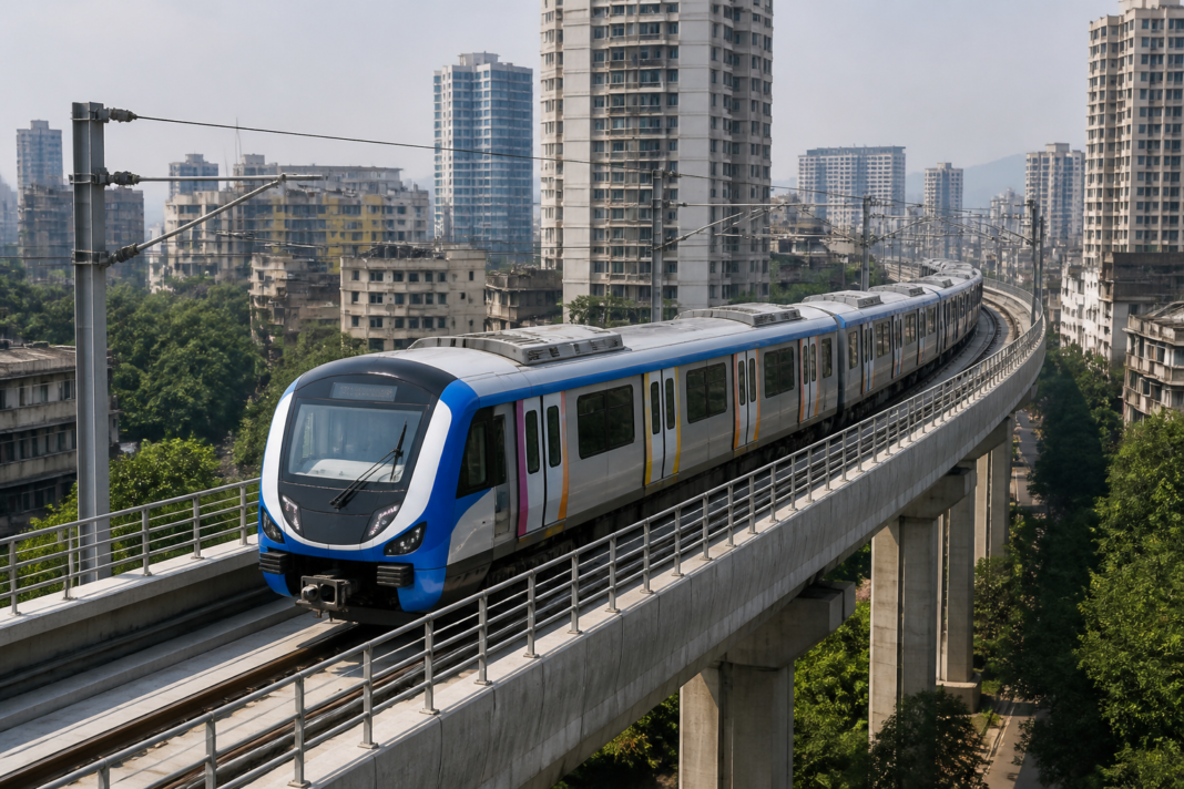 Six-coach Thane Metro Line 4 train during a trial run between Gaimukh and Kapurbawdi