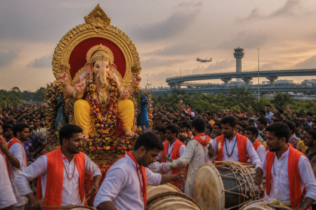 Ganeshotsav procession route in Panvel near Navi Mumbai International Airport, where police have advised against DJs and laser lights