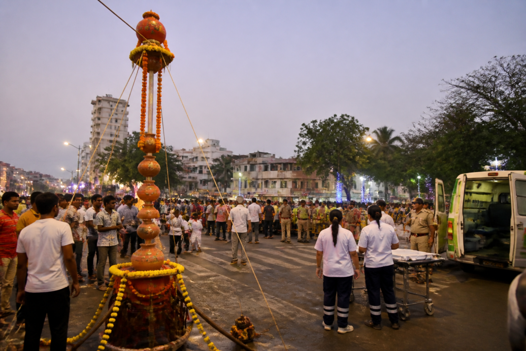Dahihandi celebration preparations at a decorated public venue in Vasai-Virar