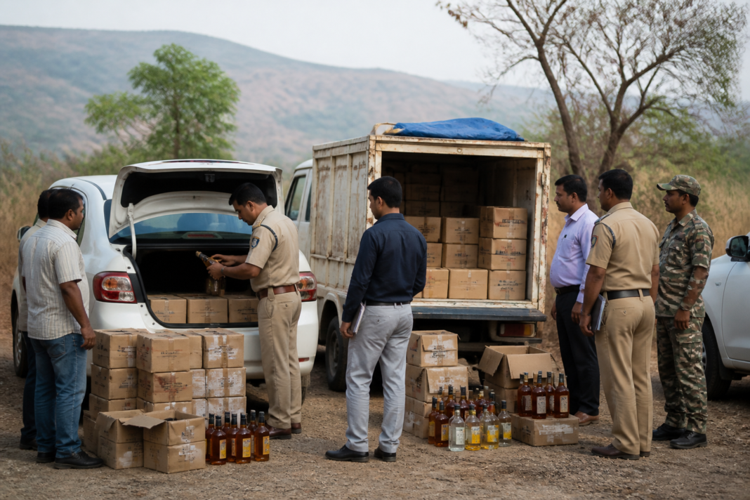 State Excise Department officials inspect vehicles seized in a Palghar illegal liquor seizure operation