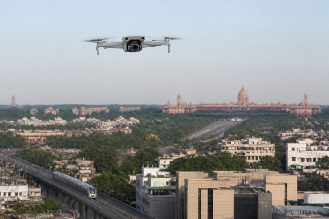 Camera drone flying above an Indian urban landscape with restricted airspace and city infrastructure in the background